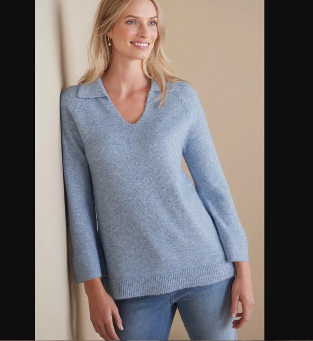 Soft Surroundings Alice Sweater Size M Blue Collared V Neck Pullover Style 2GA11